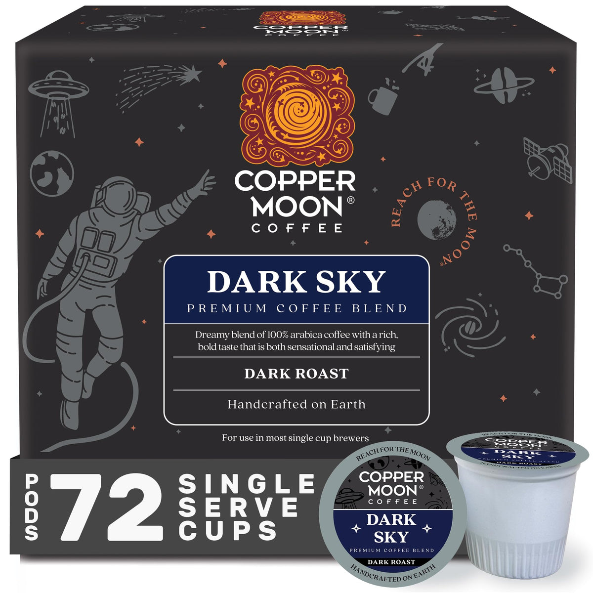 Copper Moon front packaging showing Dark Sky K-Cups and bold branding benefit convenience