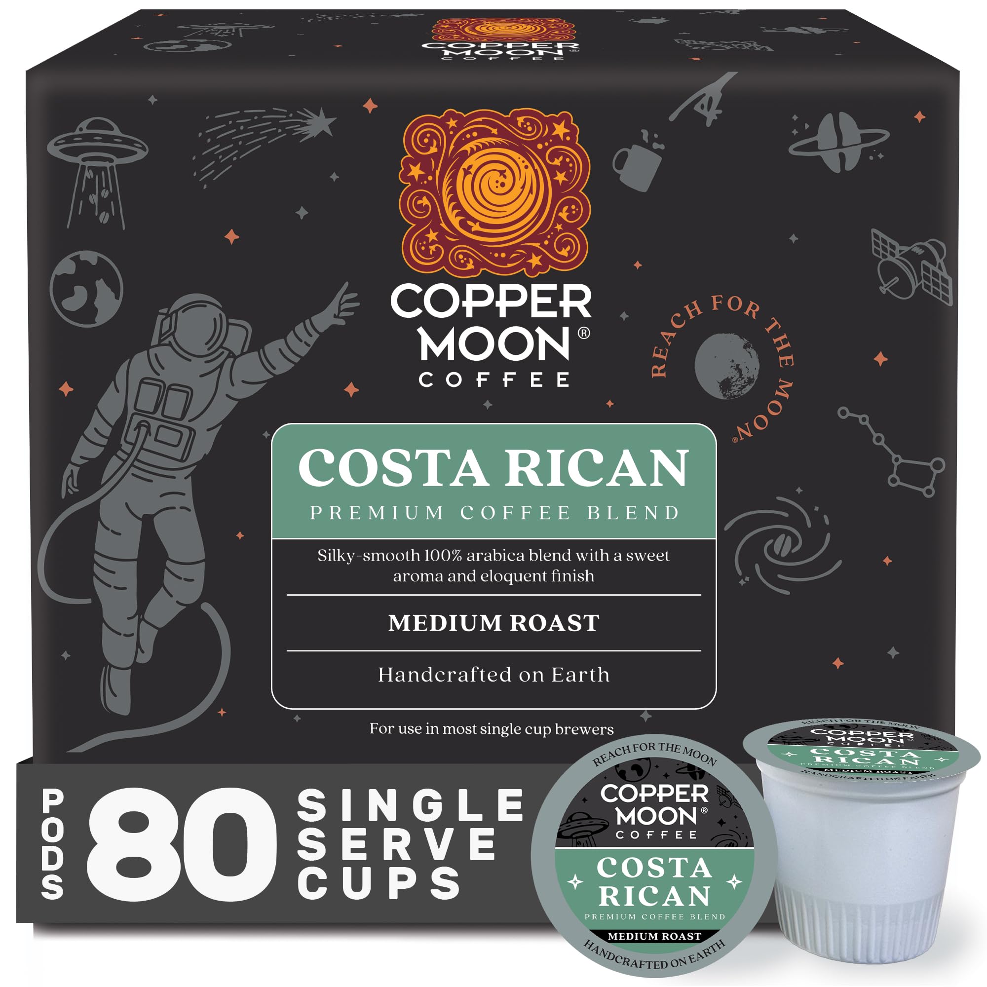 Copper Moon front packaging showing 80-count K-Cup pods and convenience