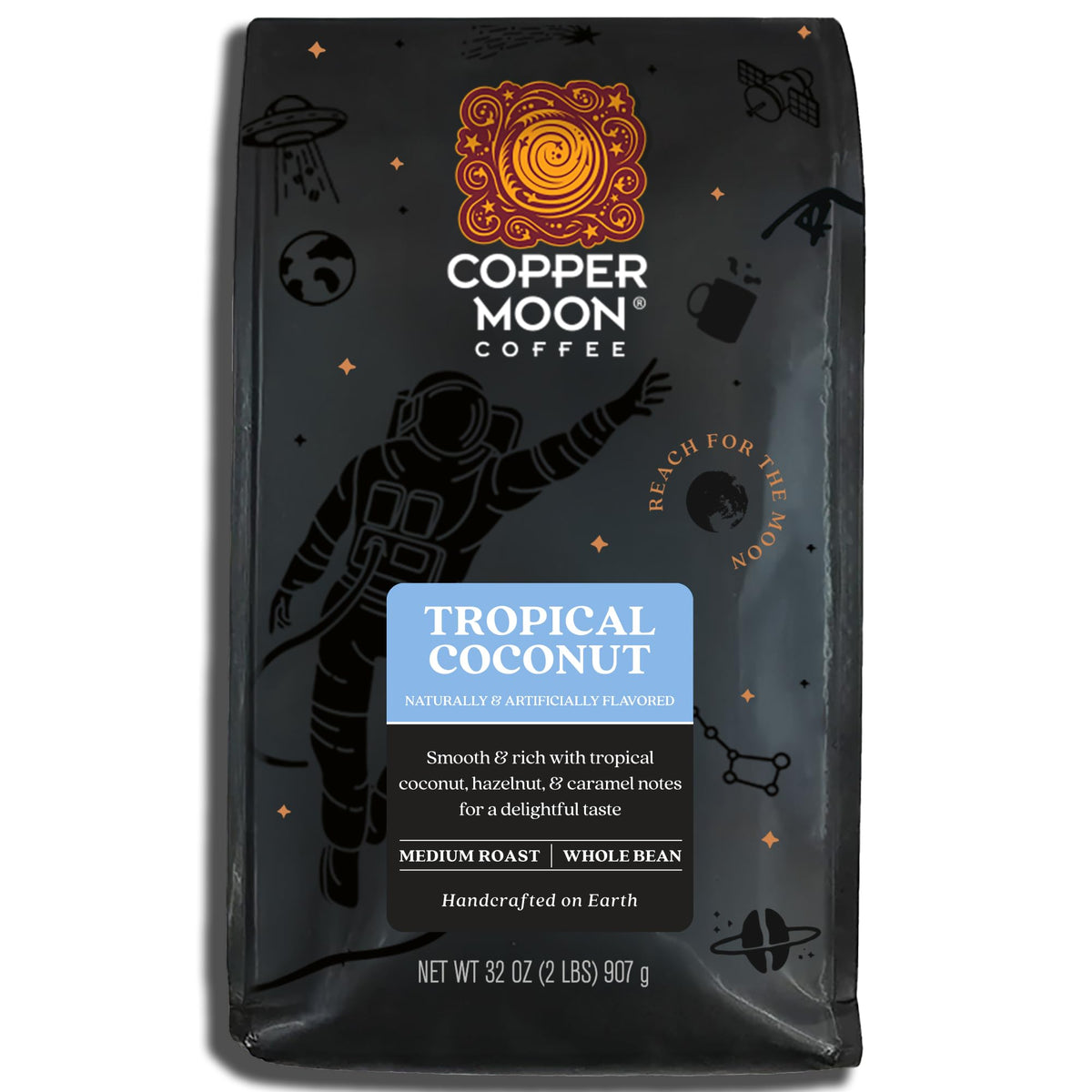 Copper Moon front packaging showing 2 lb bag and tropical coconut flavor benefits freshness
