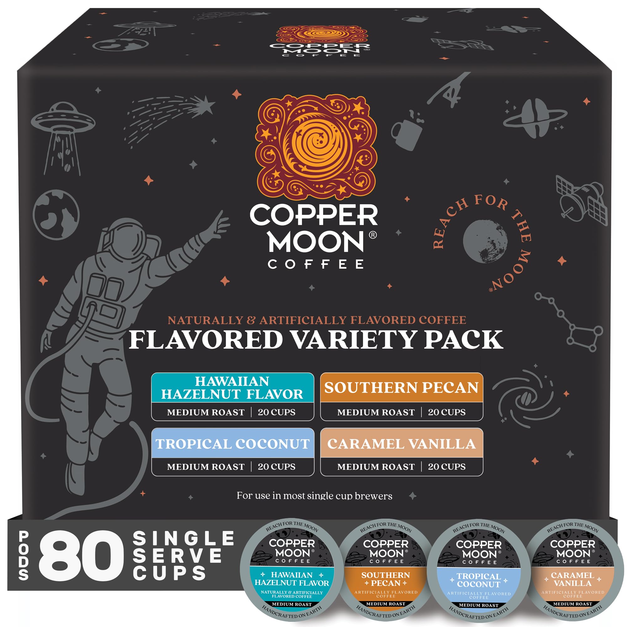 Copper Moon front packaging showing 80-count variety pack and convenience benefit