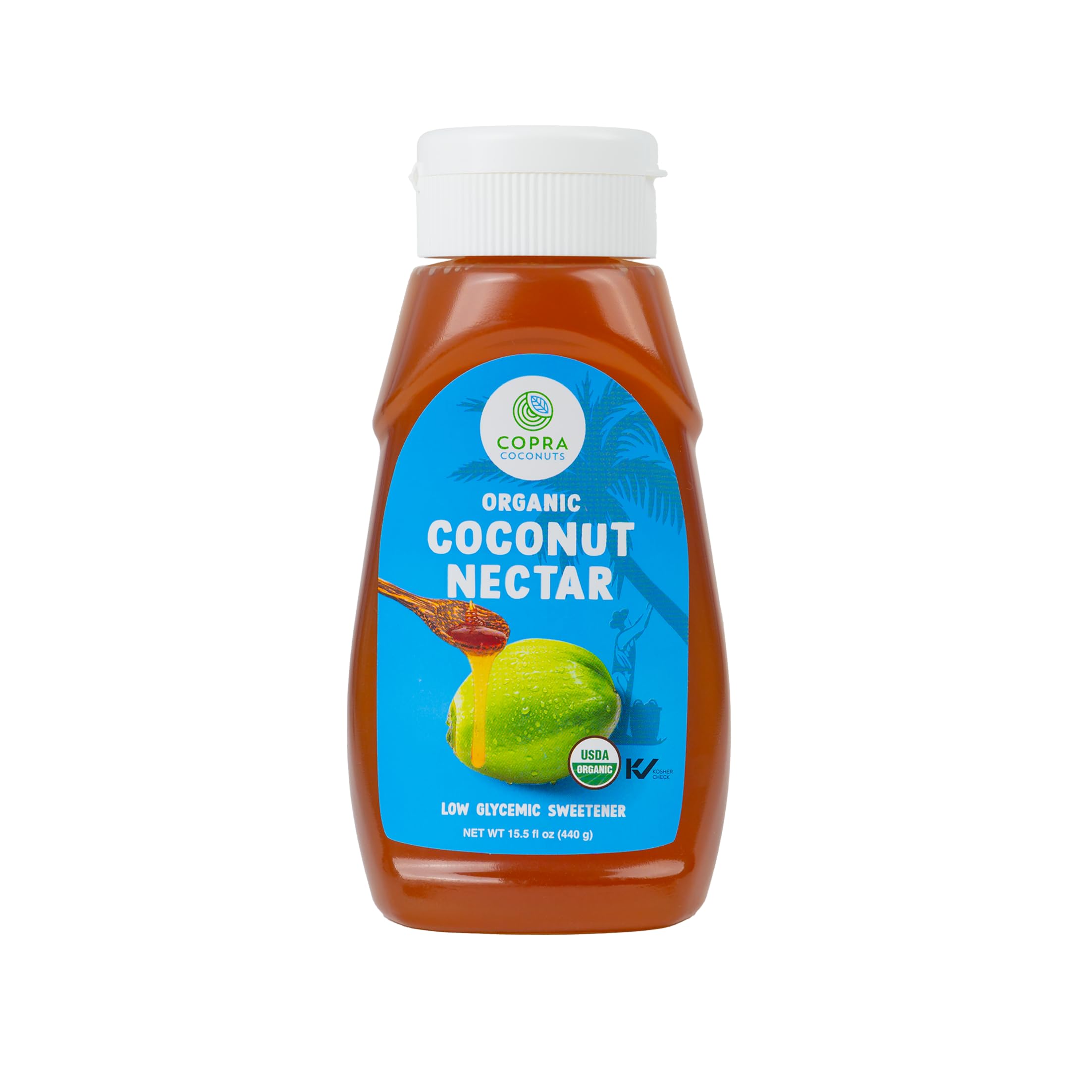 Copra bottle front showing organic coconut nectar and clear pourable syrup benefit