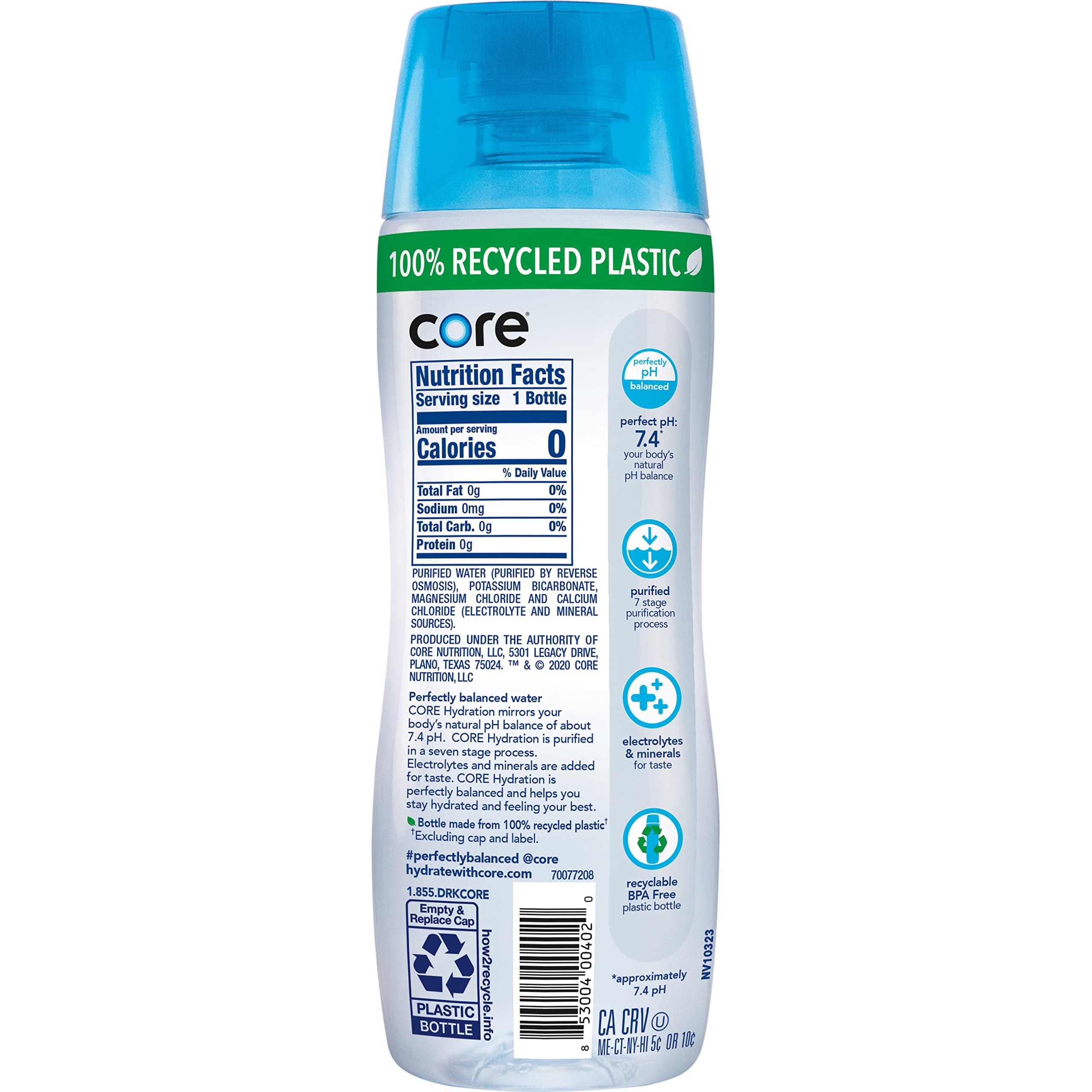 Core recycled plastic badge on bottle emphasizing eco-friendly benefit
