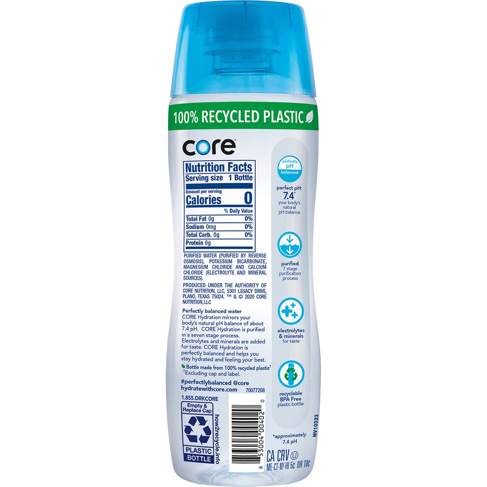Core recycled plastic badge on bottle emphasizing eco-friendly benefit