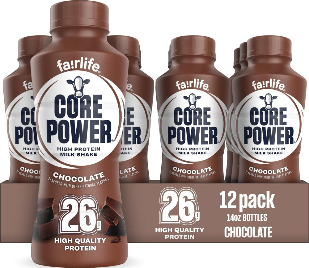 Core Power bottle front packaging showing chocolate shake and brand energy benefit