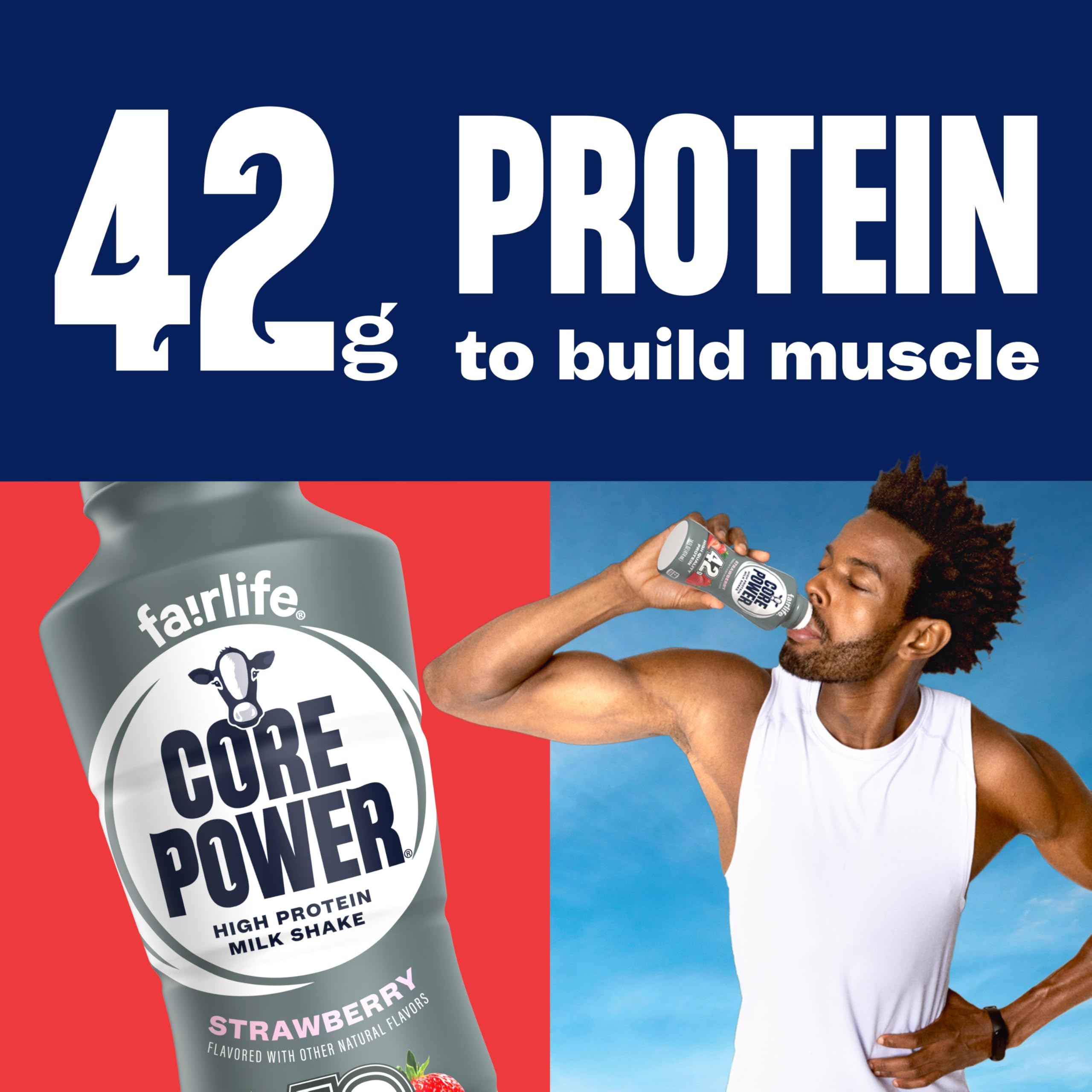 Hand holds 14oz Core Power bottle showing single-serve scale and portability