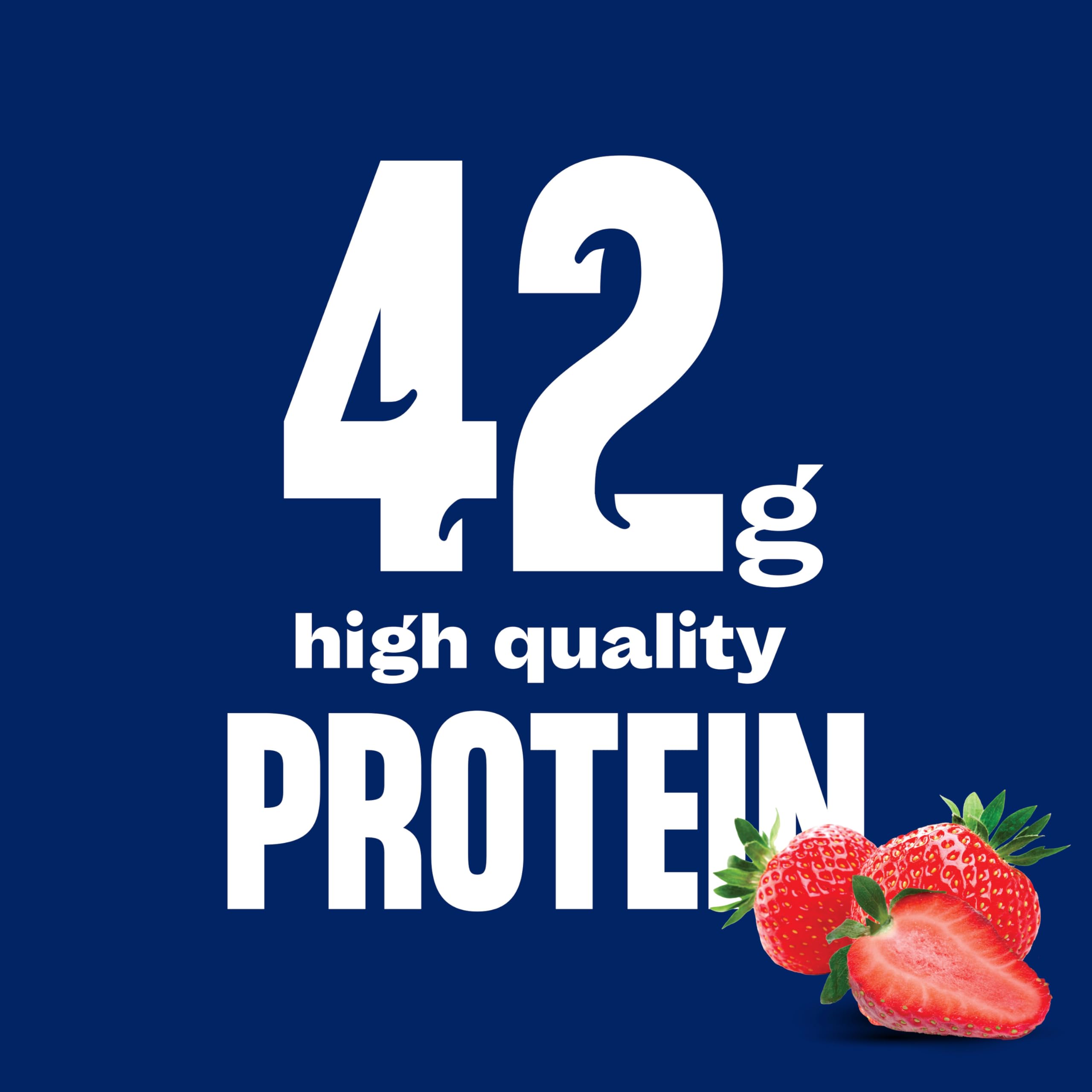 Strawberry shake pouring to show creamy texture and rich protein content