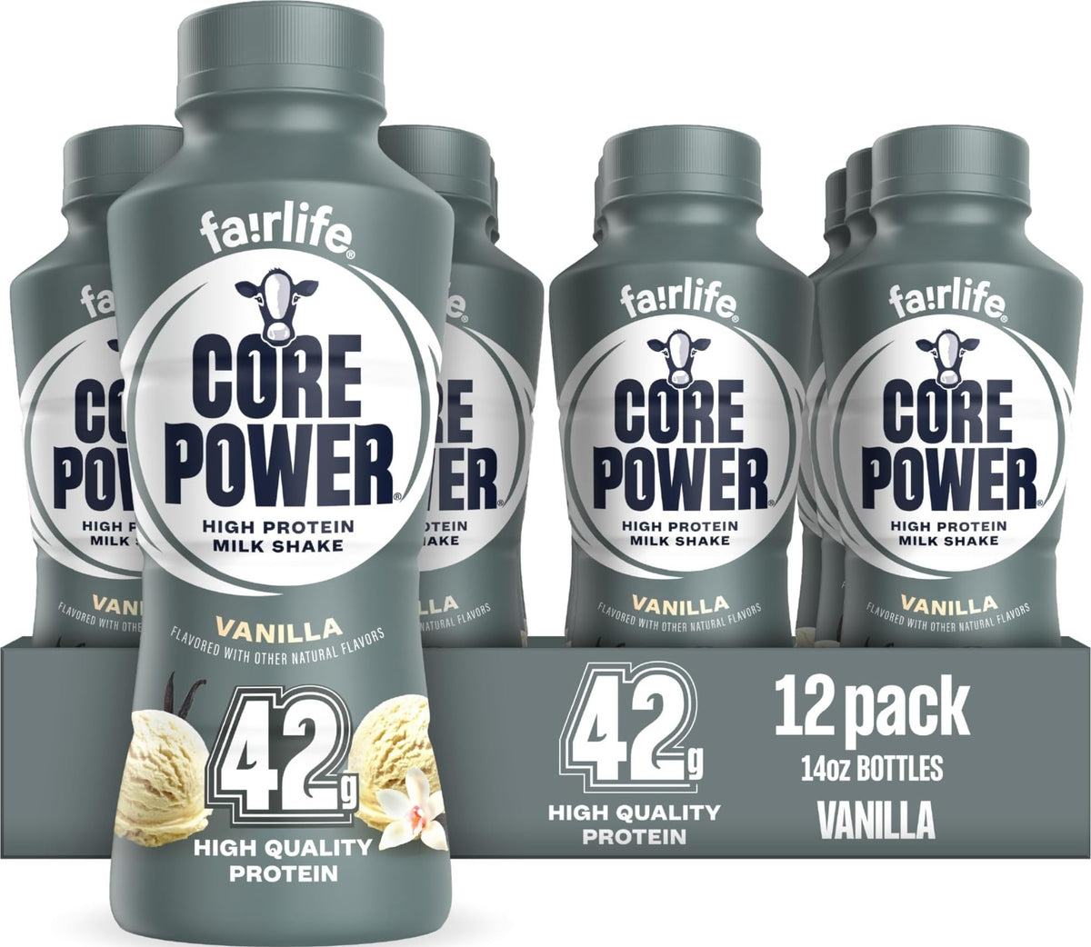 Core Power Elite front packaging showing vanilla bottle and branding, highlights convenience