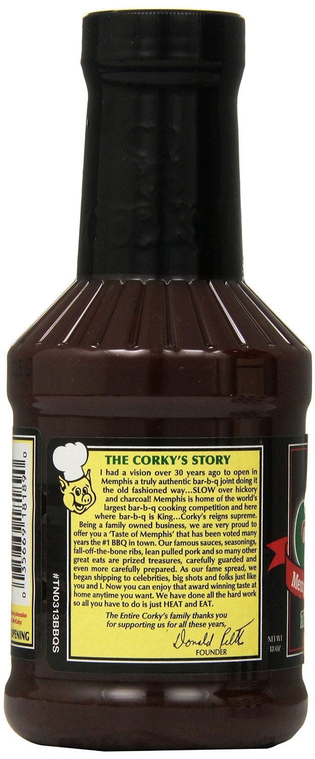 CORKY'S label close-up highlighting ingredients and Memphis heritage benefits