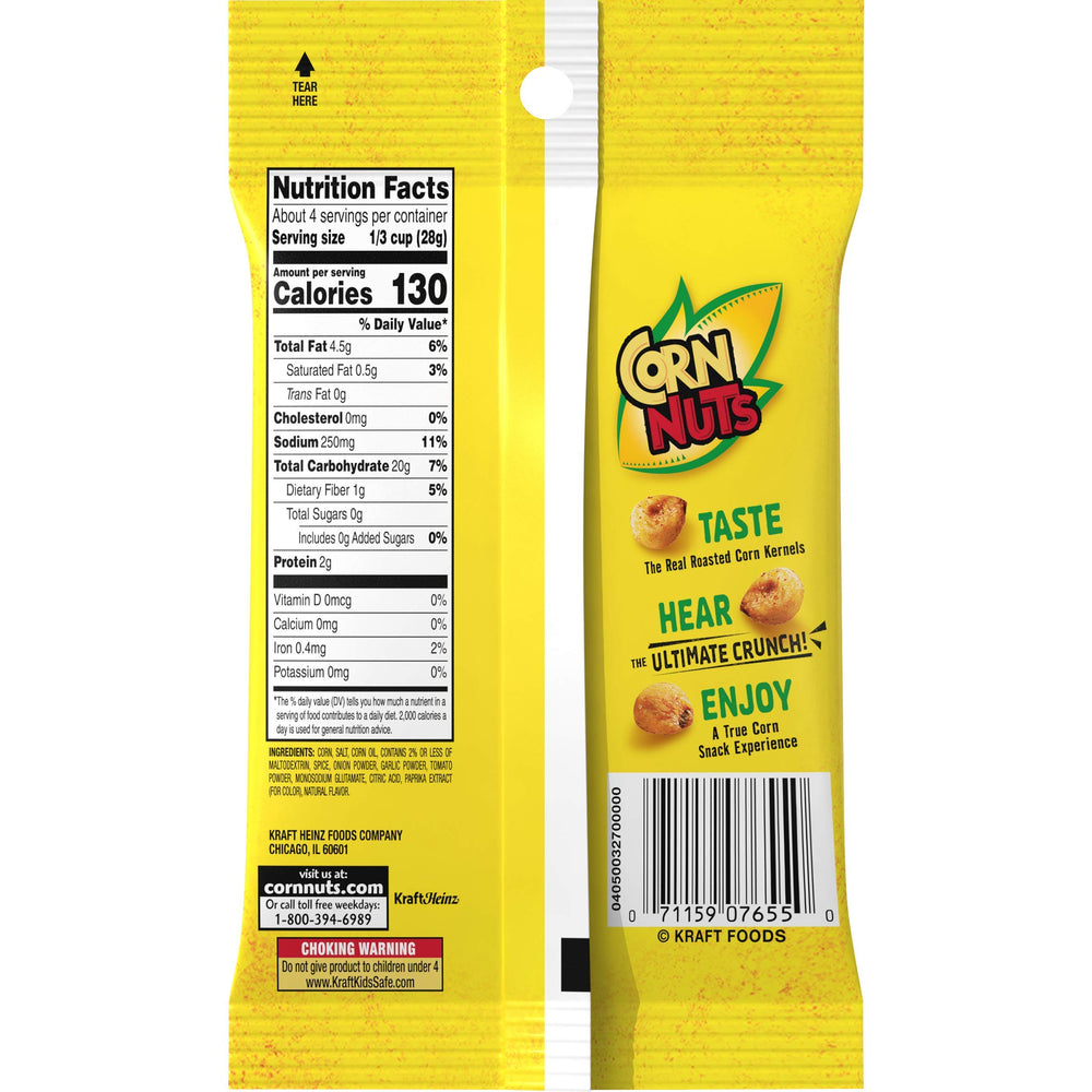 Corn Nuts BBQ bag with opened scoop highlighting smoky seasoning and easy single-serve convenience