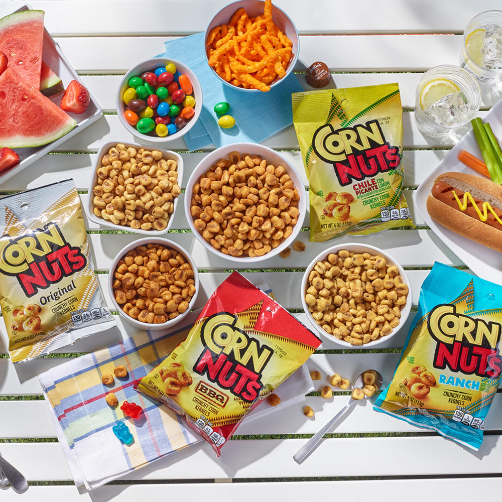 Corn Nuts 4oz bag inside backpack demonstrating travel-friendly portion