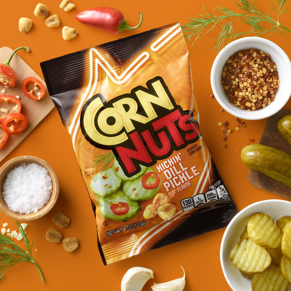 Corn Nuts close-up of kernel texture highlighting crunchy roasted corn and bold dill pickle seasoning