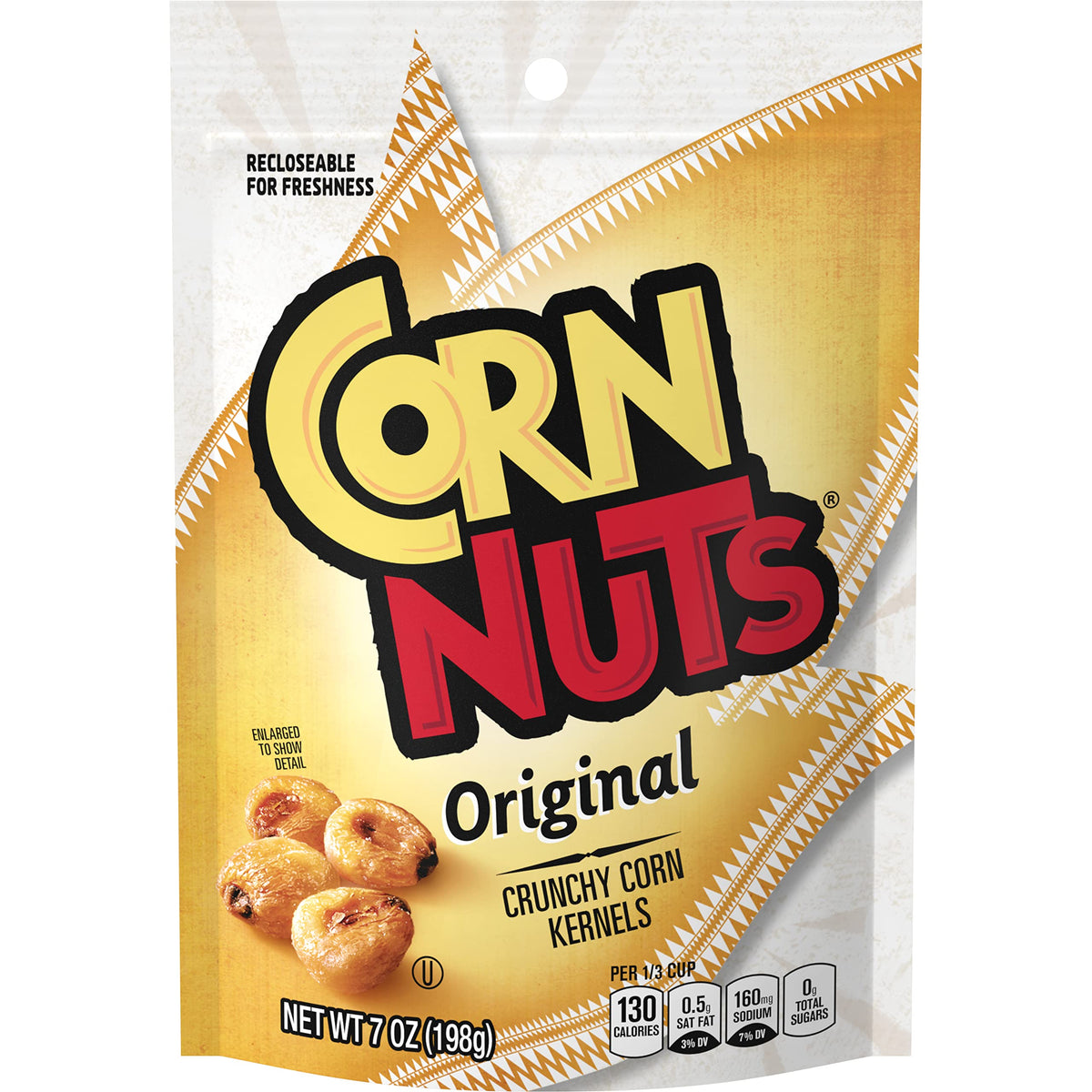 Corn Nuts front packaging shows brand and 7oz bag, highlighting bold roasted crunch benefit