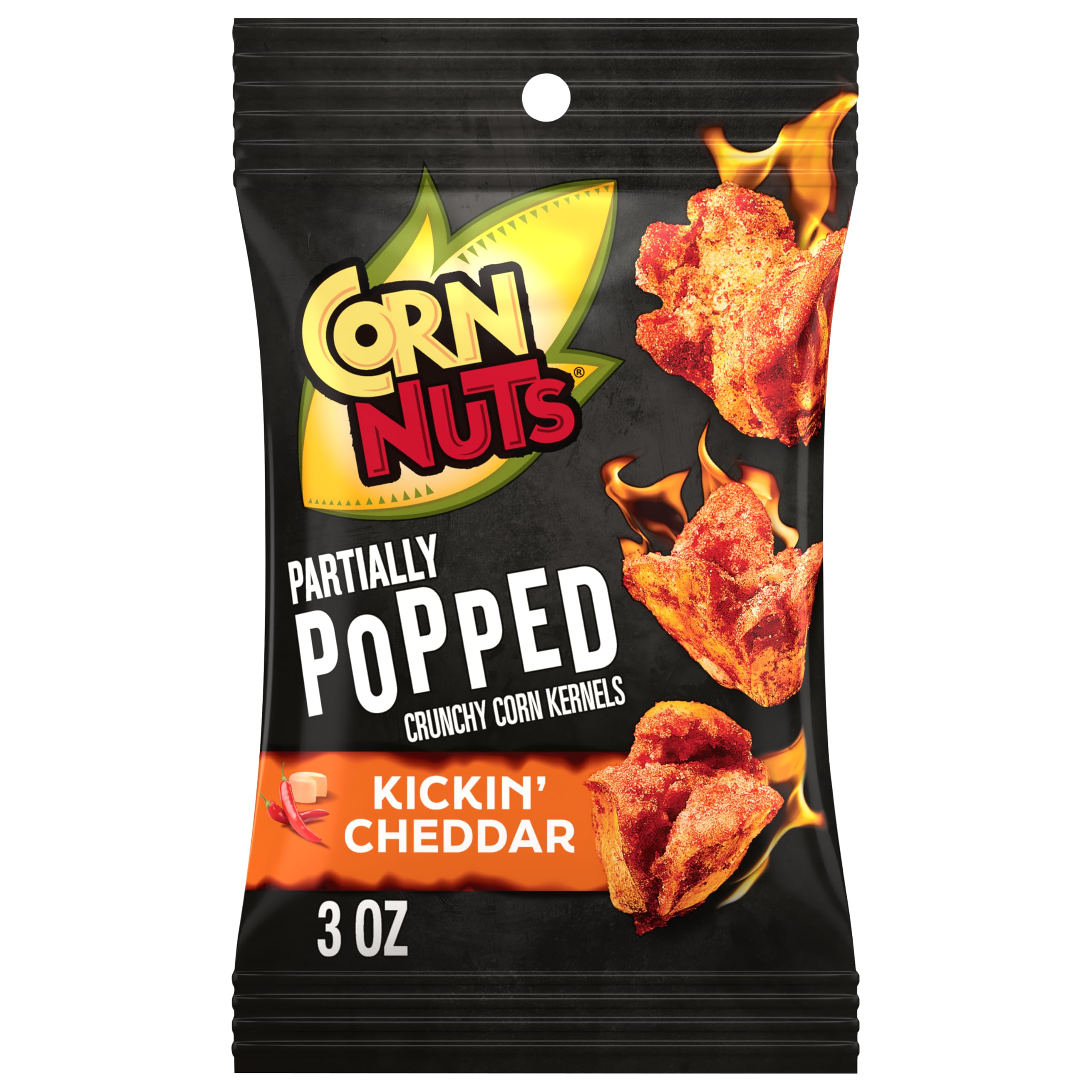 Corn Nuts Kickin’ Cheddar front packaging showing bold flavor and portability