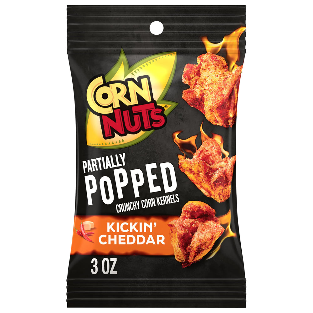 Corn Nuts Kickin’ Cheddar front packaging showing bold flavor and portability