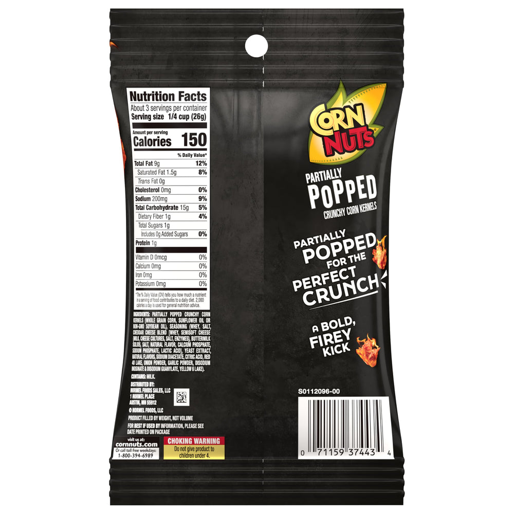Open Corn Nuts Kickin’ Cheddar bag with kernels visible for easy snacking on the go