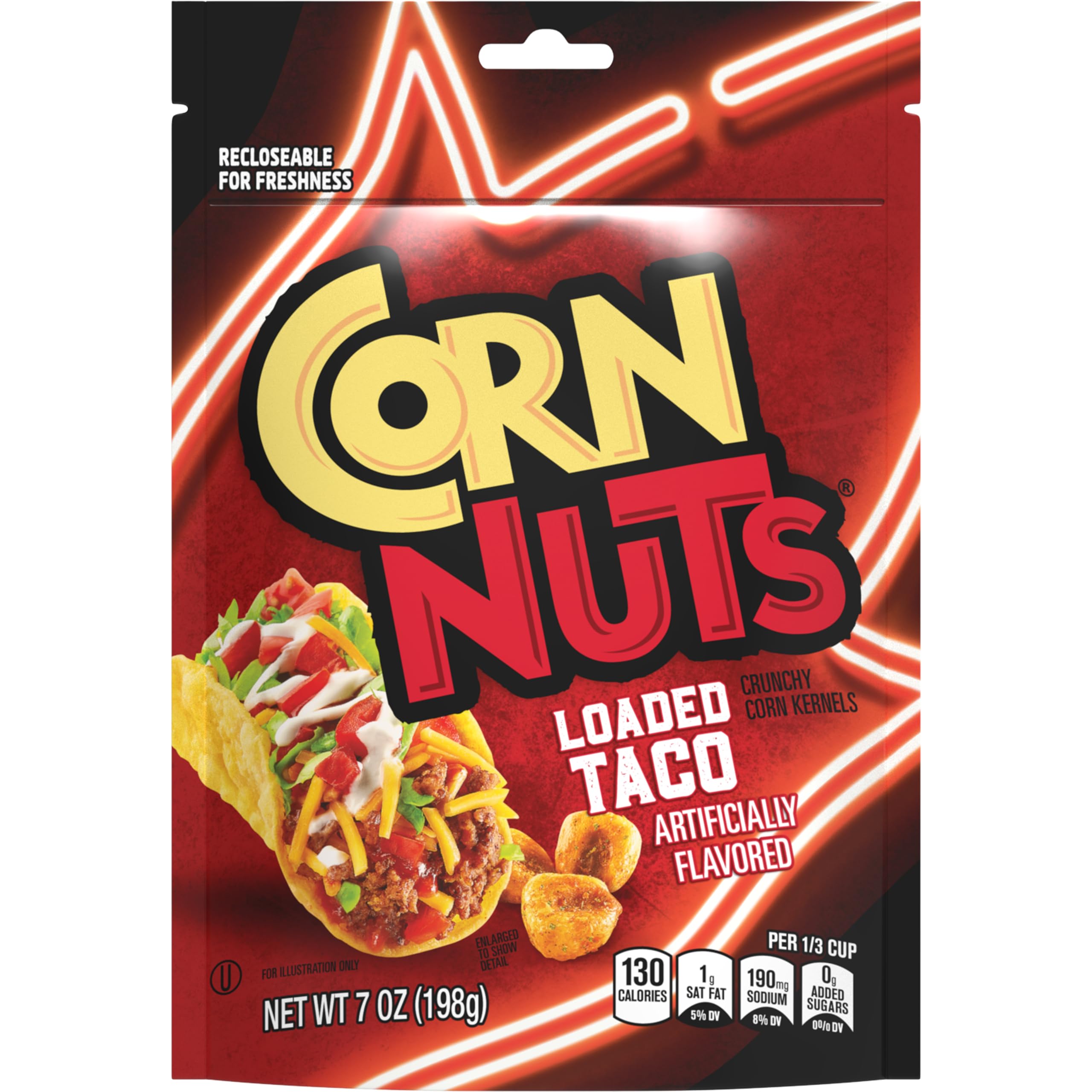 Corn Nuts front packaging showing Loaded Taco flavor and bold branding benefit: craveable crunch