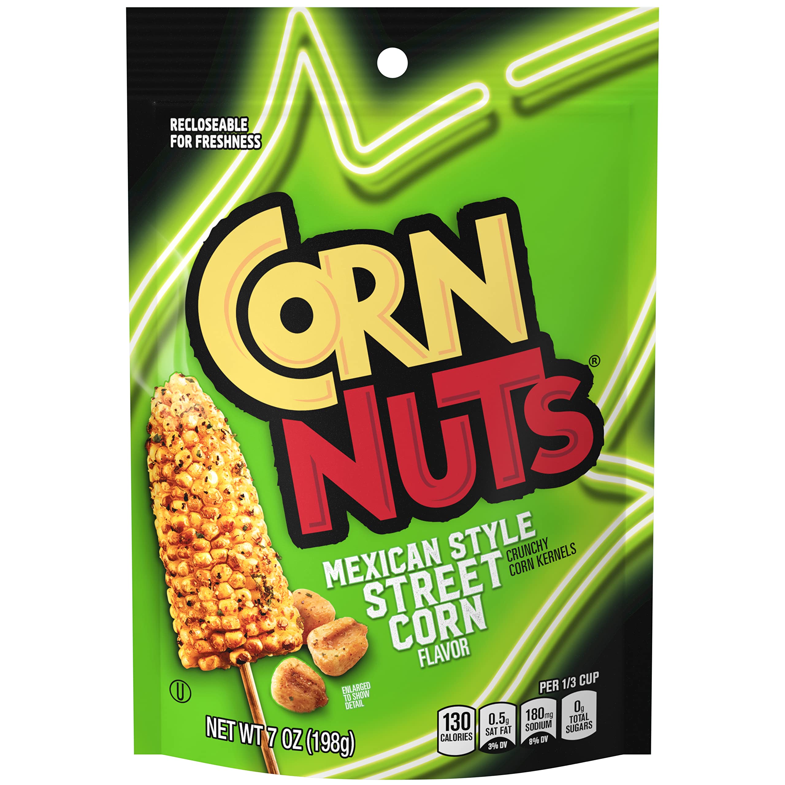 Corn Nuts front packaging showing Mexican Street Corn flavor and resealable bag benefit