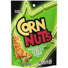 Corn Nuts front packaging showing Mexican Street Corn flavor and resealable bag benefit