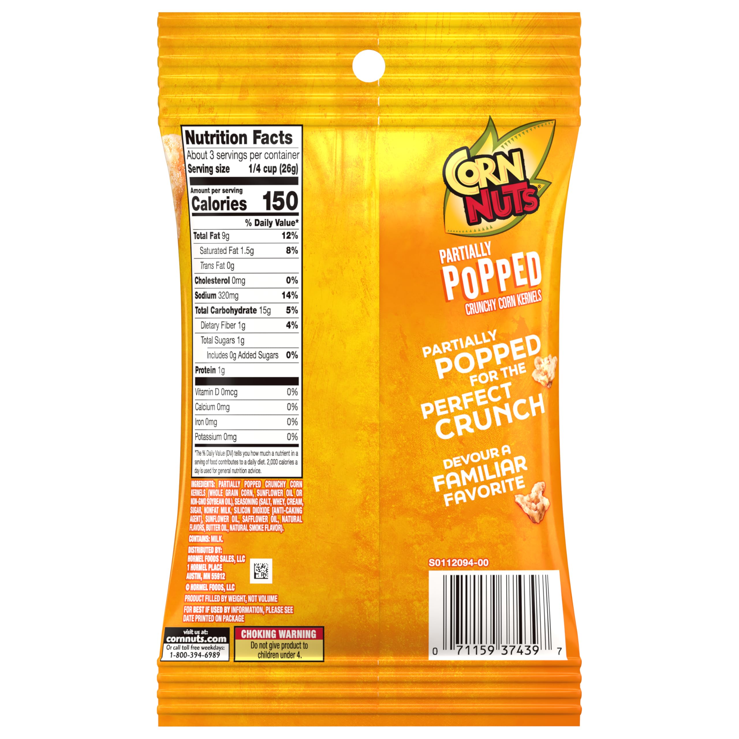 Open Corn Nuts bag top view showing buttery partially popped kernels for easy snacking