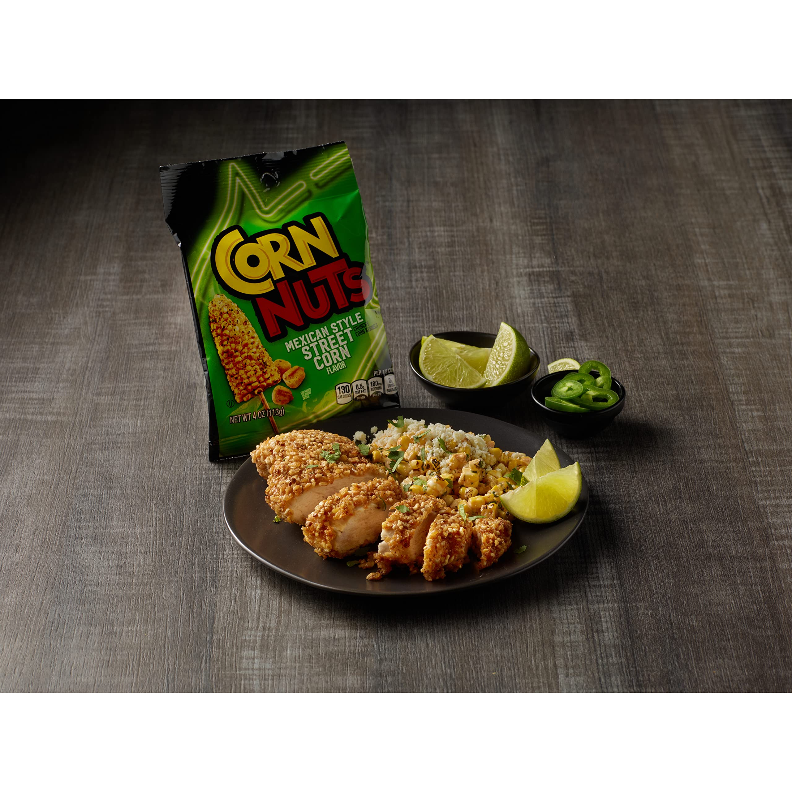 Open Corn Nuts bag close-up with visible chili-lime seasoning highlighting intense flavor