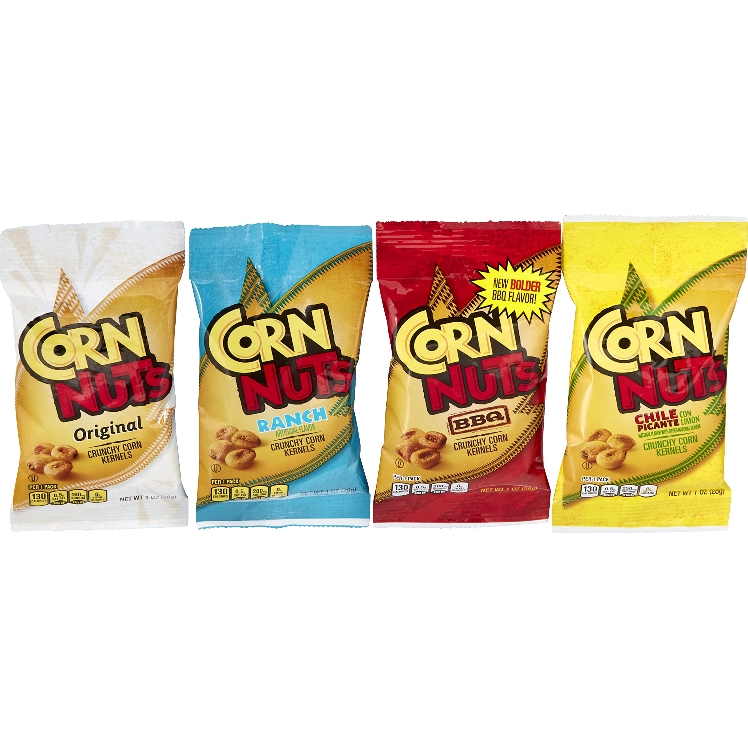 Corn Nuts variety pack front pouch showing four flavors and convenient single-serve benefits