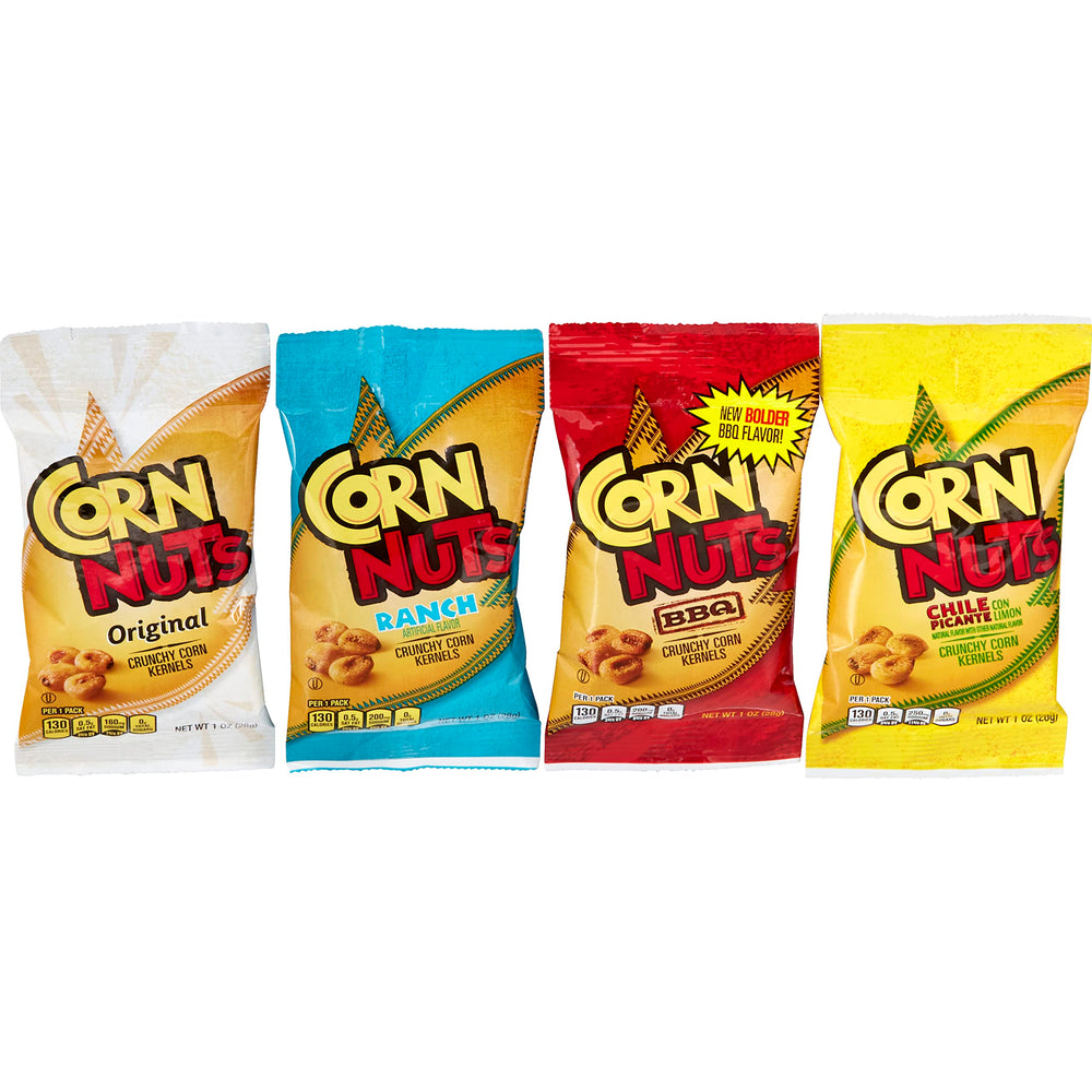 Corn Nuts variety pack front pouch showing four flavors and convenient single-serve benefits