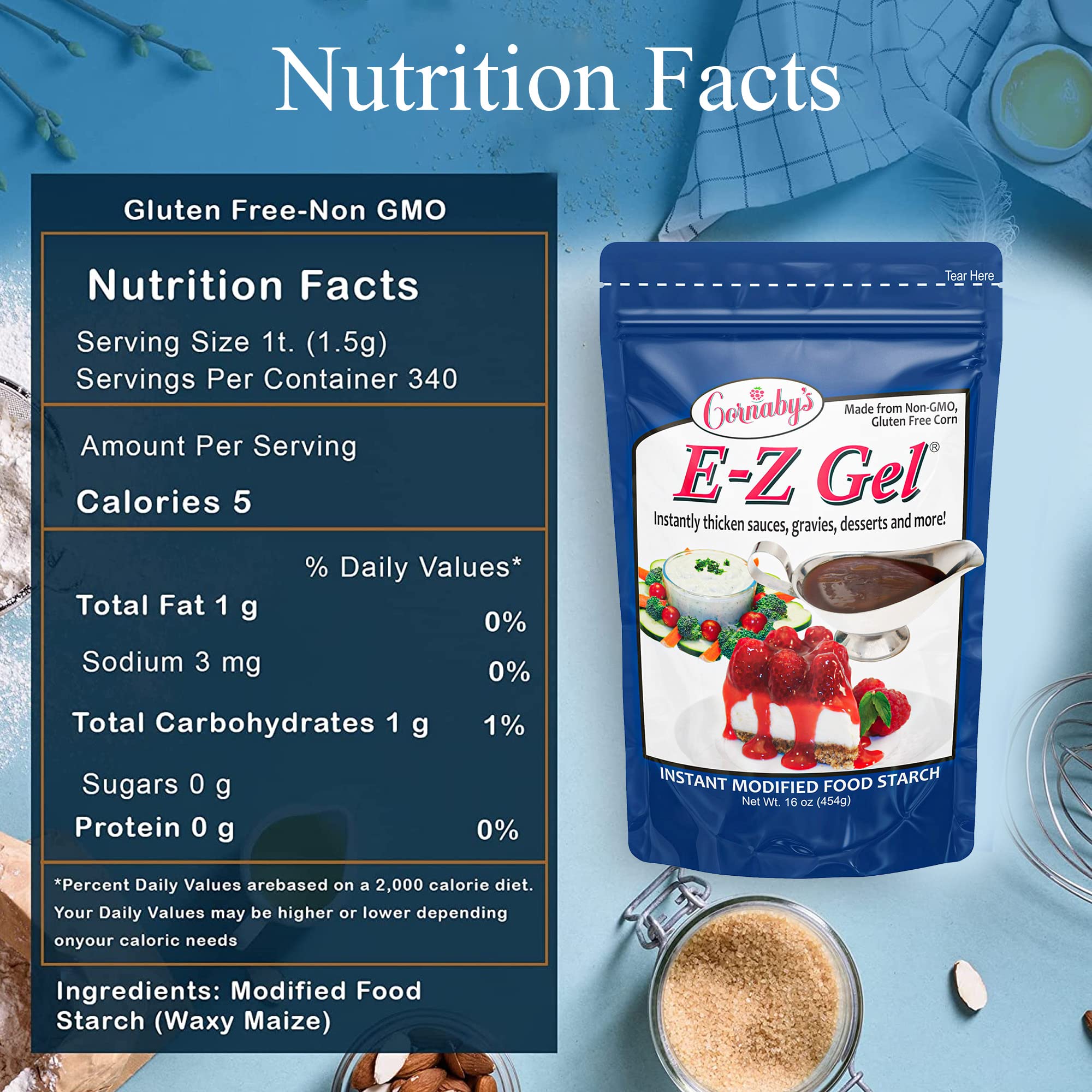 Cornaby's jar beside measuring cup showing portion size and volume guidance