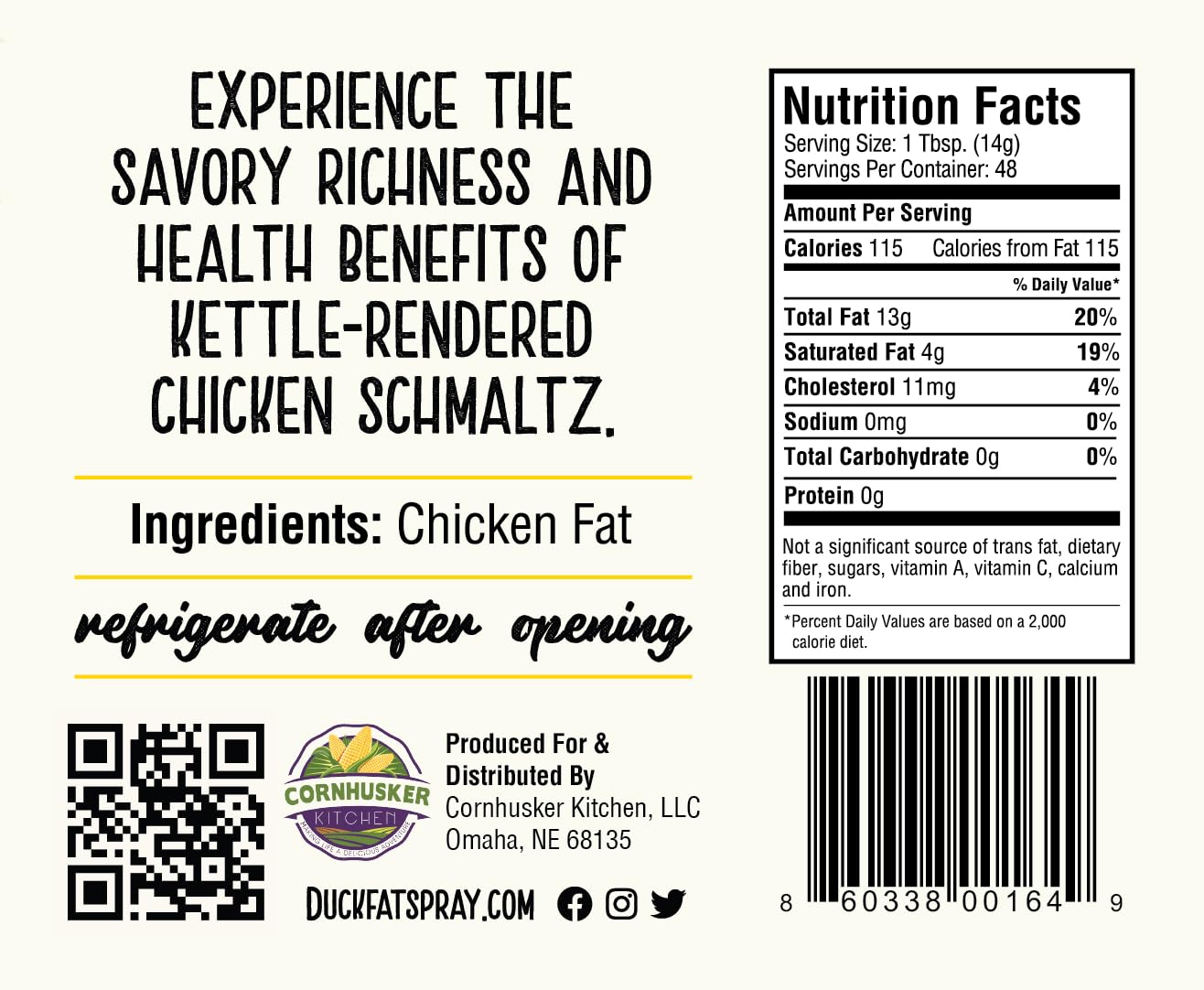 Cornhusker Kitchen chicken fat tub beside a measuring cup for scale, clarifies 1.5 lb portion practicality