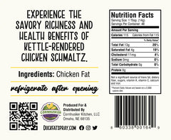 Cornhusker Kitchen chicken fat tub beside a measuring cup for scale, clarifies 1.5 lb portion practicality