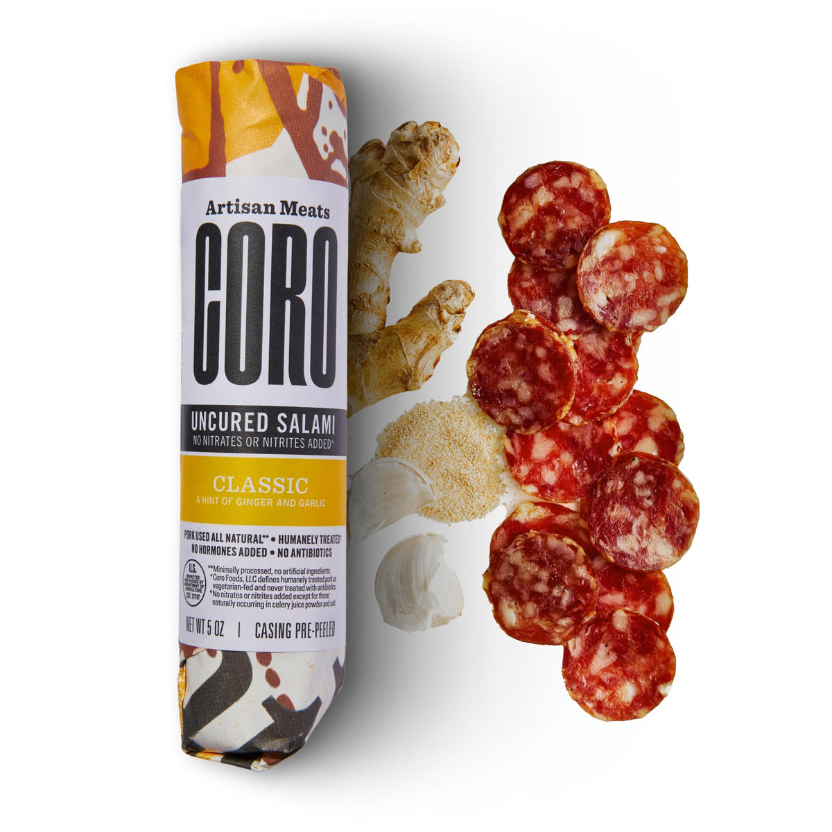 Coro salami stick front packaging showing product and portable design