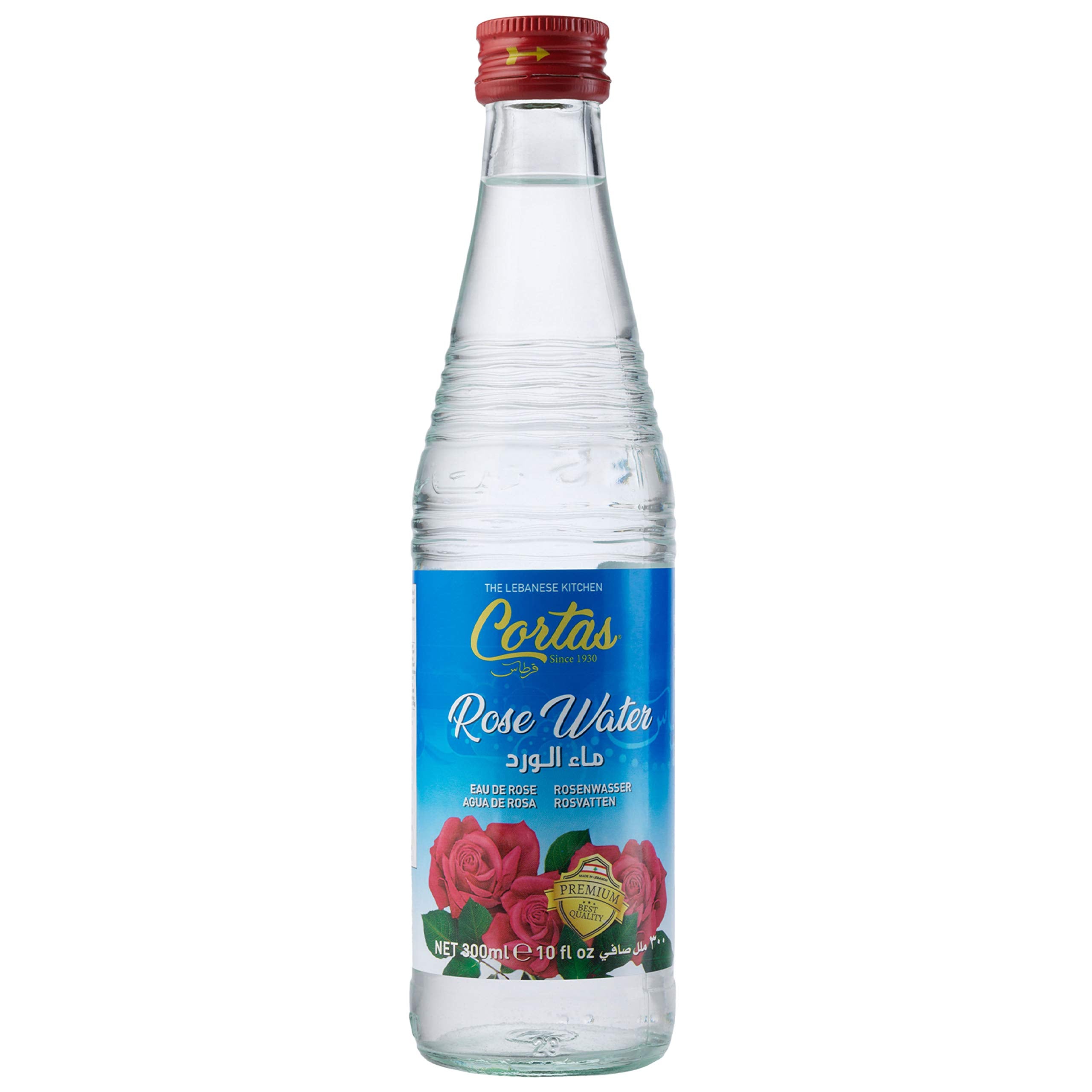 Cortas close-up rose water label highlighting authentic floral origin benefits
