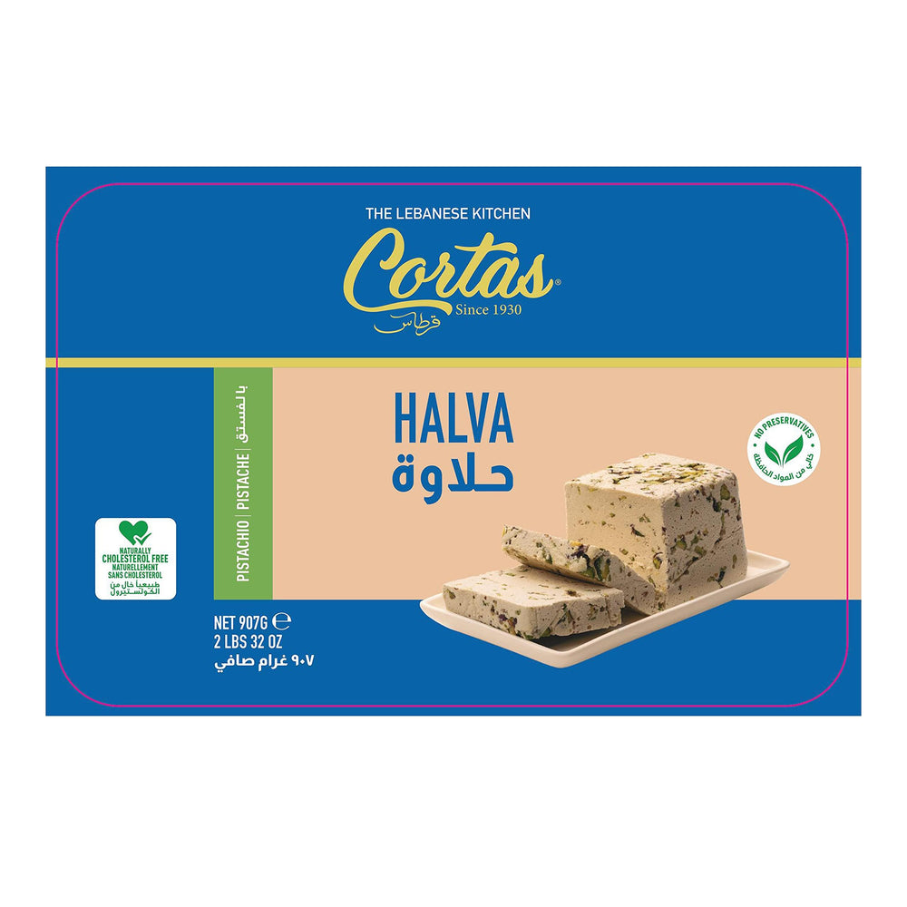 Cortas open tin of pistachio halva revealing smooth texture and pistachios, ready to serve