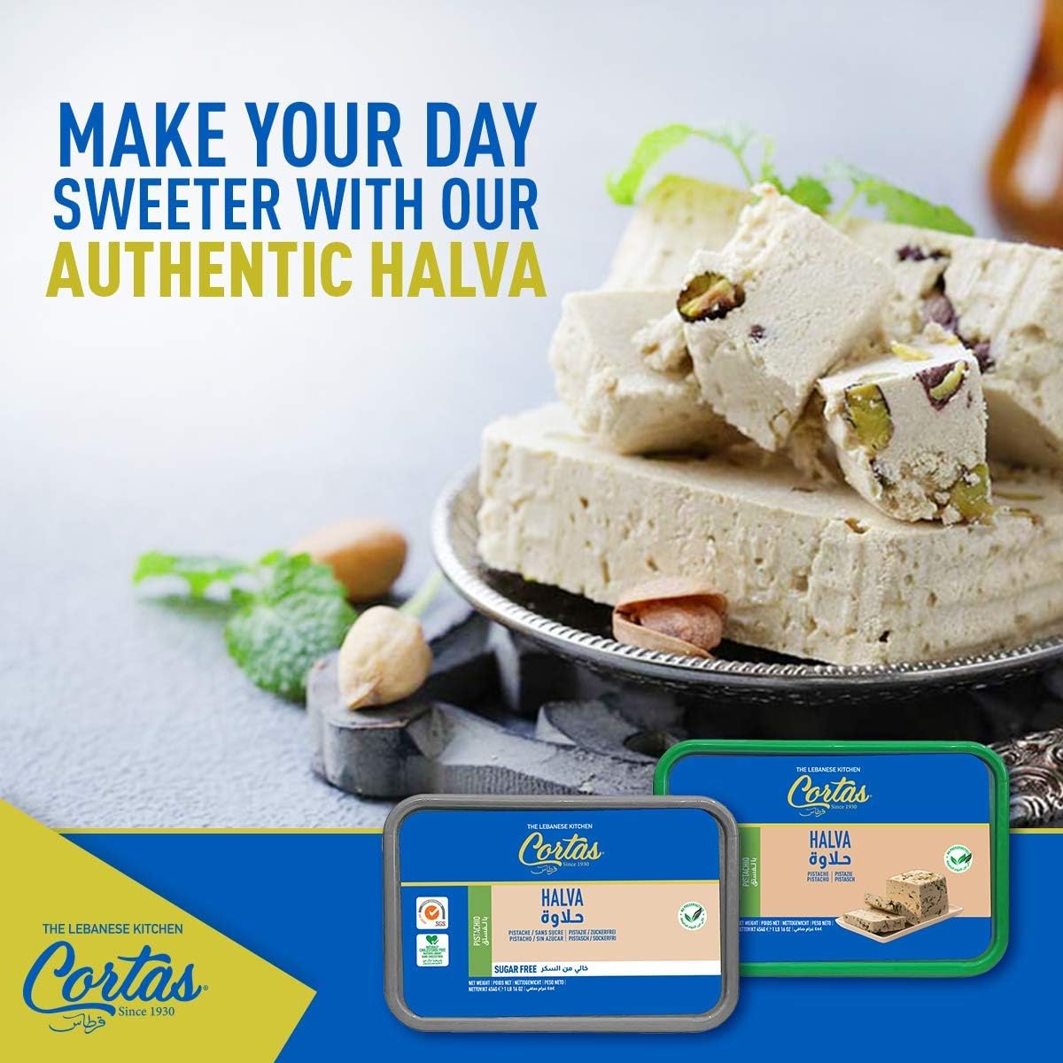 Cortas halva 2 lb tin beside a coffee cup to show size and serving usefulness