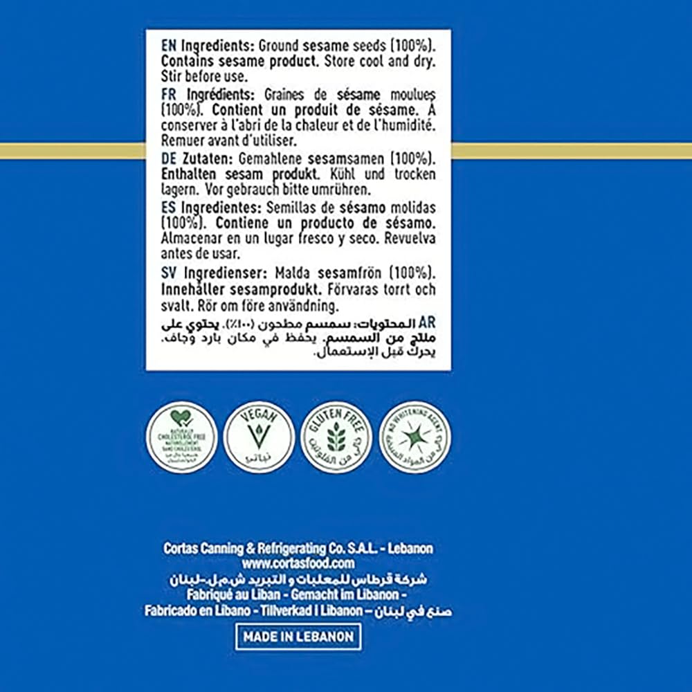 Cortas tahini label and certifications displaying Kosher Halal benefits
