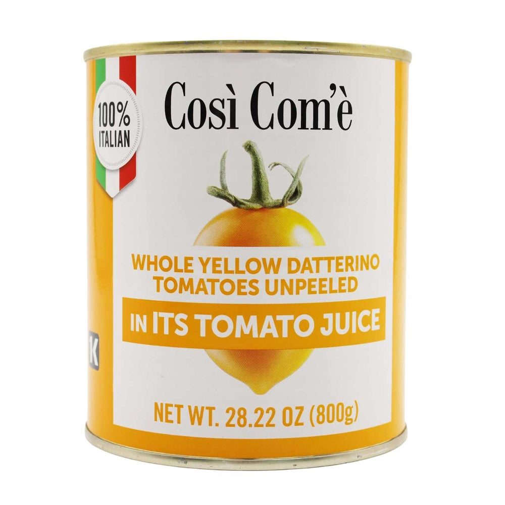 Così Com’è front can view showing label and golden tomatoes, clear pantry-ready benefit