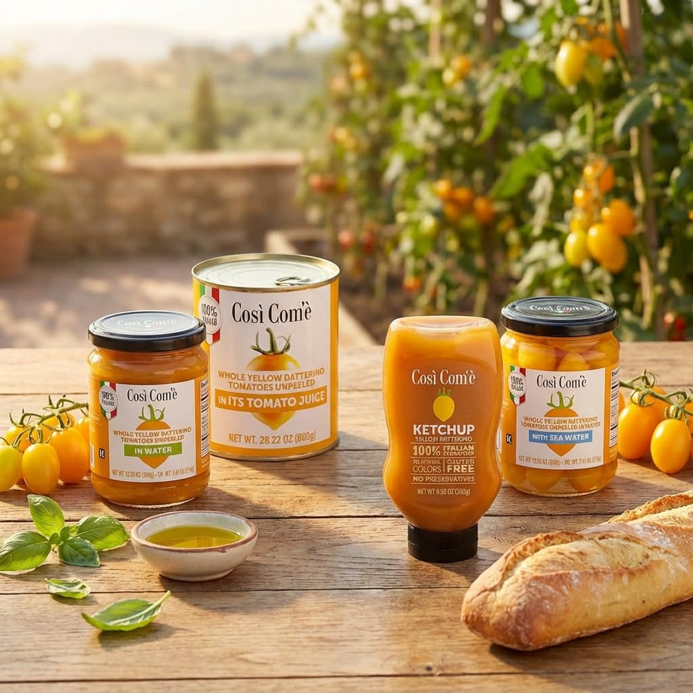 Così Com’è open can revealing yellow Datterini in juice, ready-to-use convenience