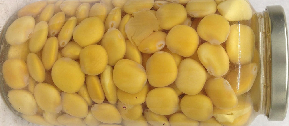 Close-up of Cosmos lupini beans texture, illustrating firm bite and appealing appearance
