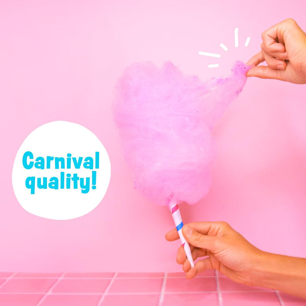 Cotton Candy Express cones in hand showing size comparison and convenient portioning