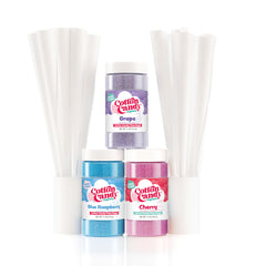 Cotton Candy Express front-packaging showing three flavor jars and cones for easy party setup