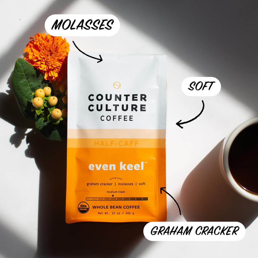 Counter Culture Even Keel bag label detail focusing on organic and B Corp certifications