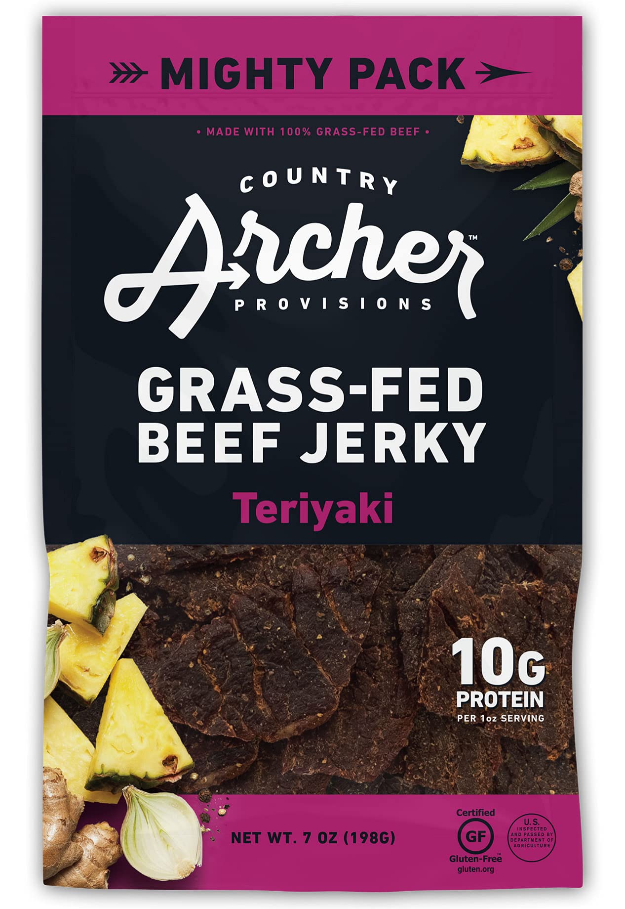 Country Archer front packaging showing 7oz bag and teriyaki label, convenient snack