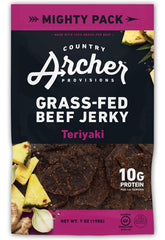 Country Archer front packaging showing 7oz bag and teriyaki label, convenient snack