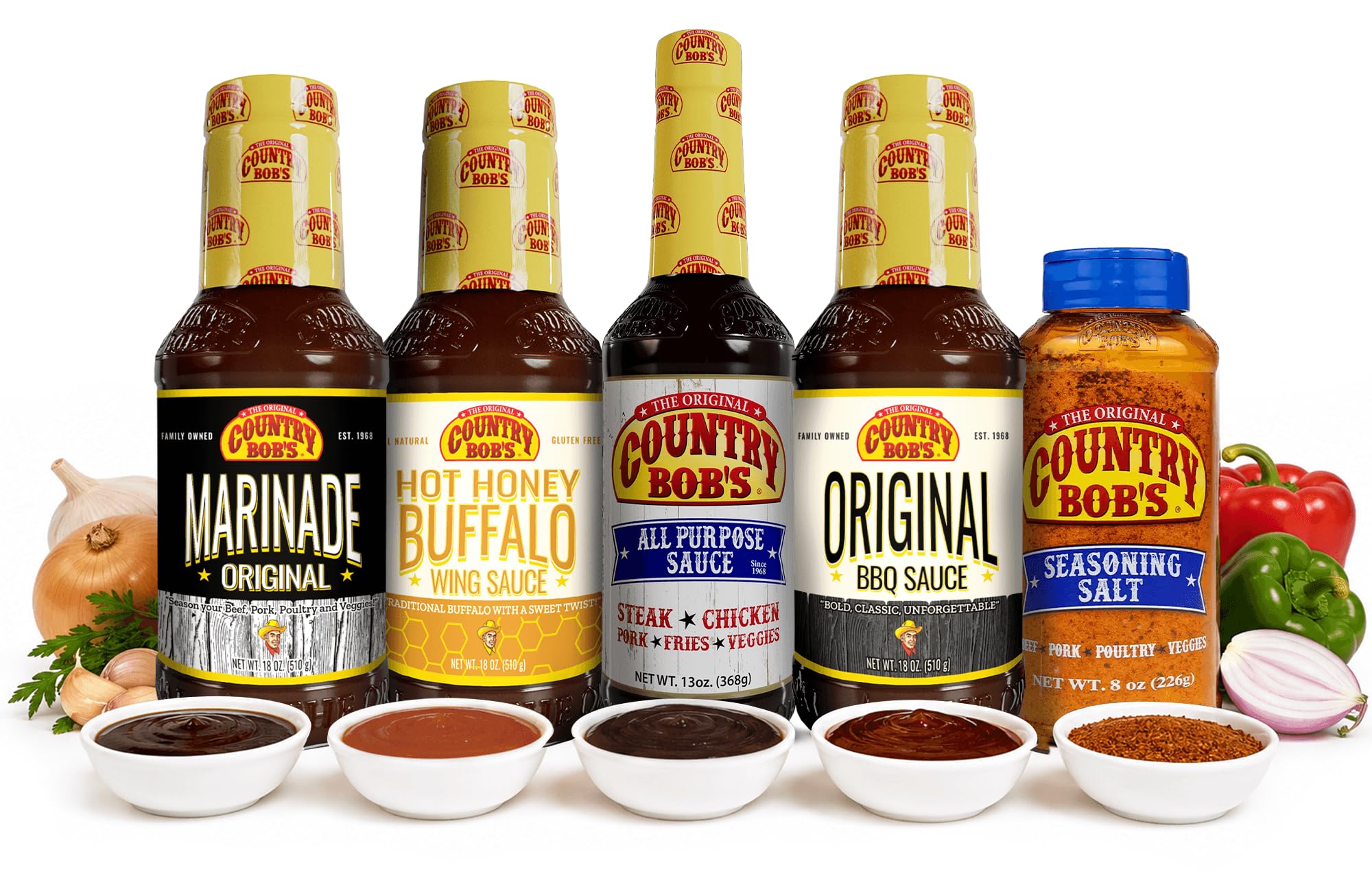 Country Bob's bottles lined up highlighting variety and easy selection
