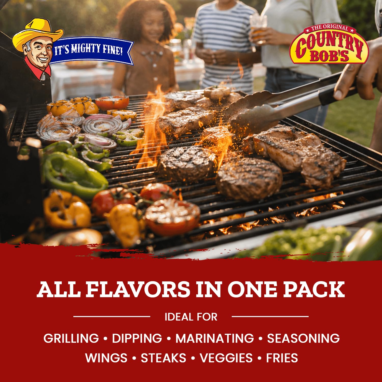 Country Bob's sauces on grill with steaks demonstrating basting for char