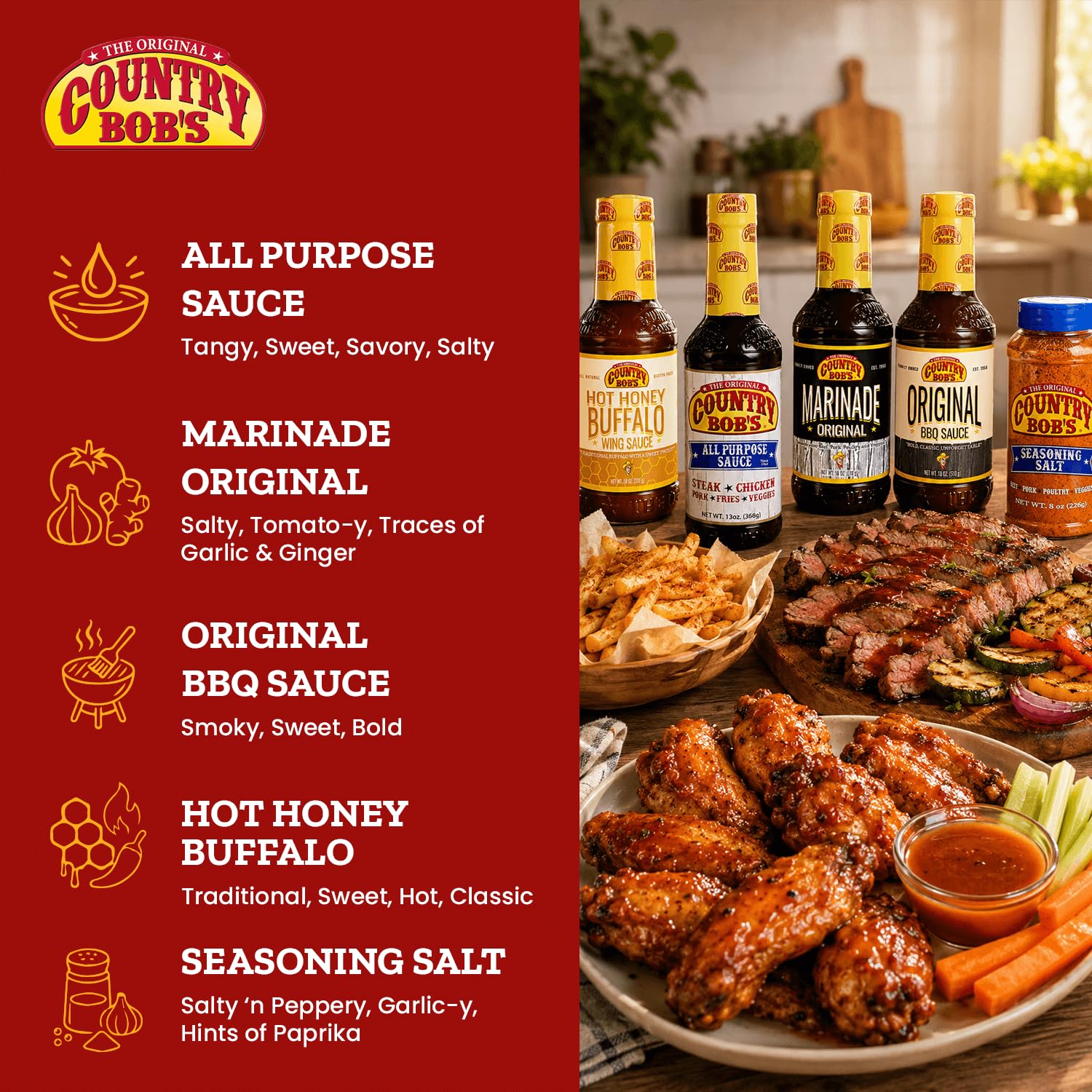 Country Bob's wings glazed with hot honey buffalo for sticky sweet heat