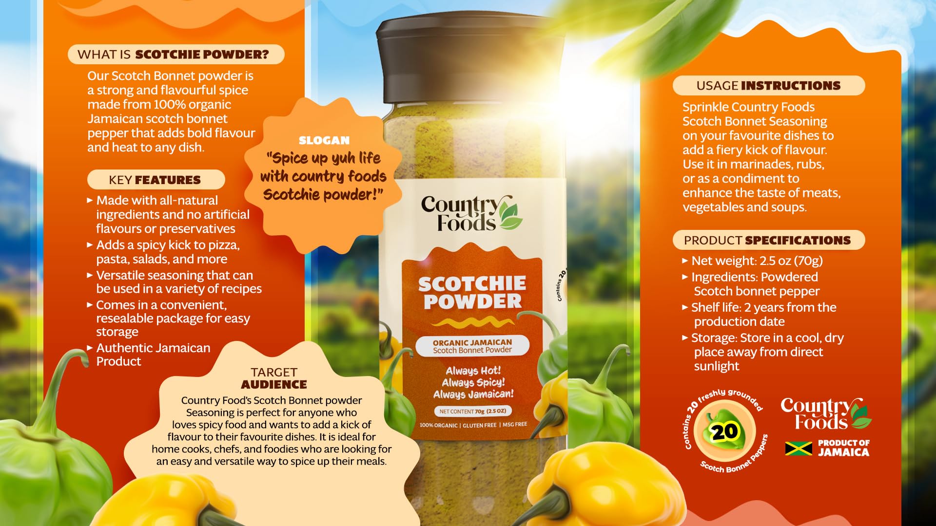 Country Foods 2.5 oz jar beside teaspoon showing compact size and portioning