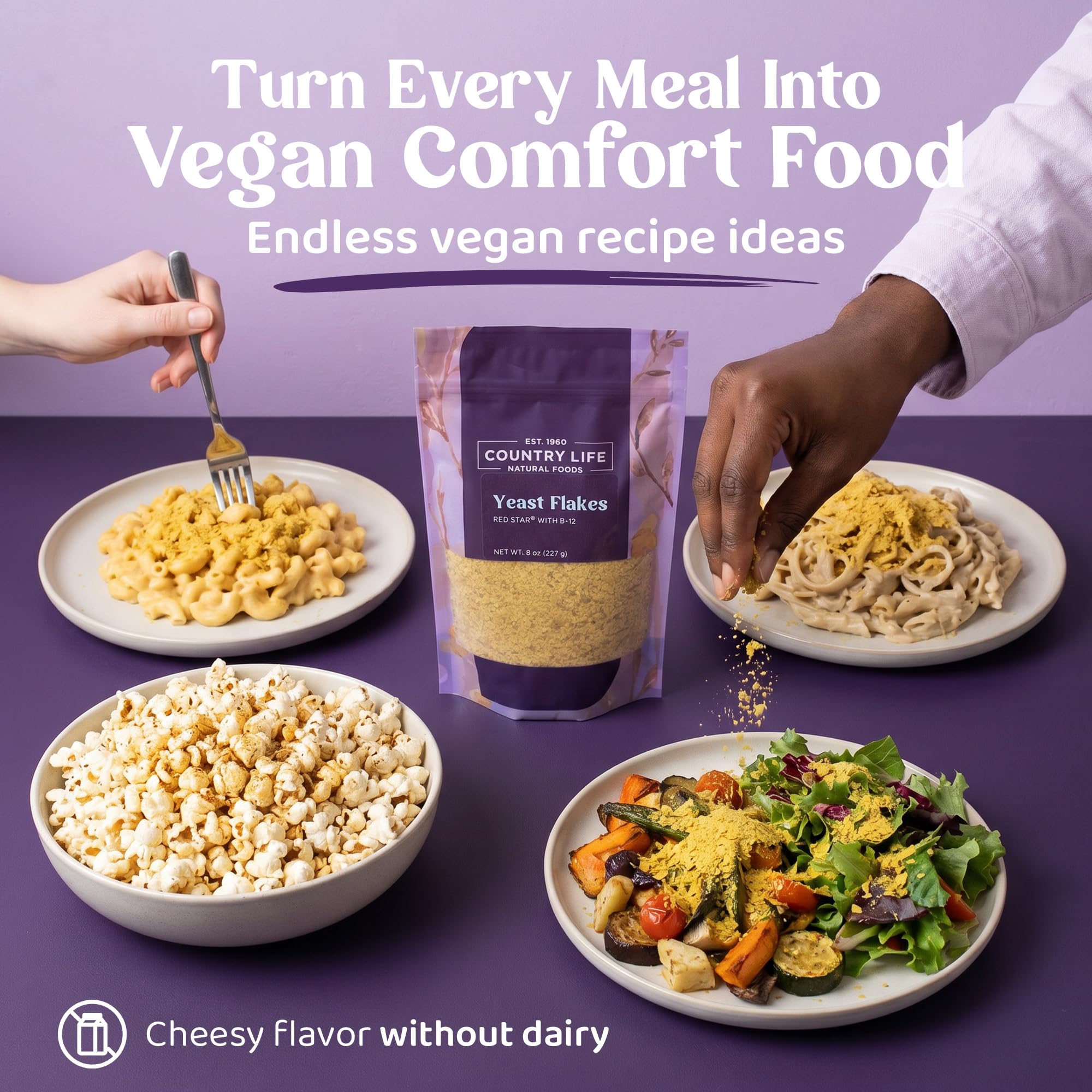 Country Life flakes sprinkled on pasta adding vegan cheesy flavor