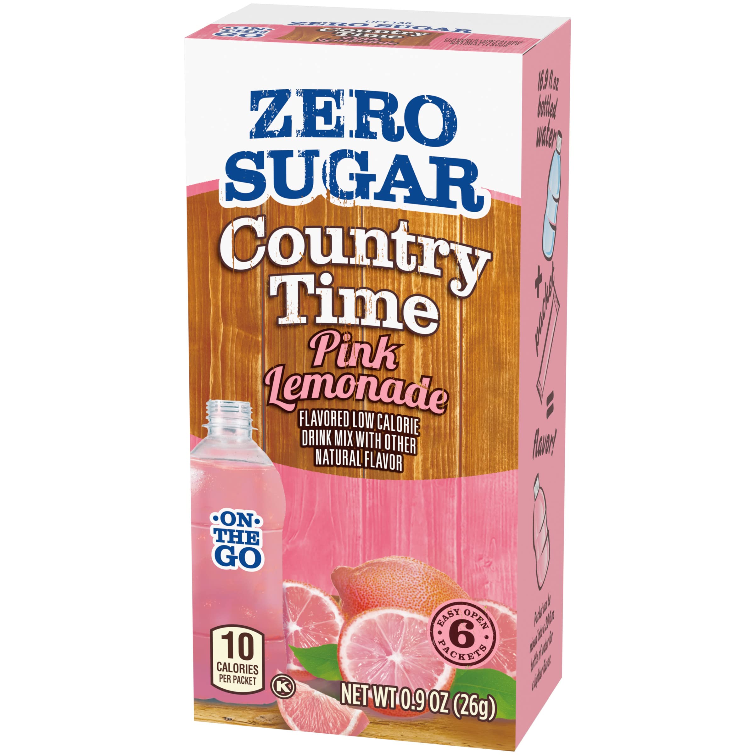 Country Time single-serve packet being poured into bottle for quick zero-sugar refreshment