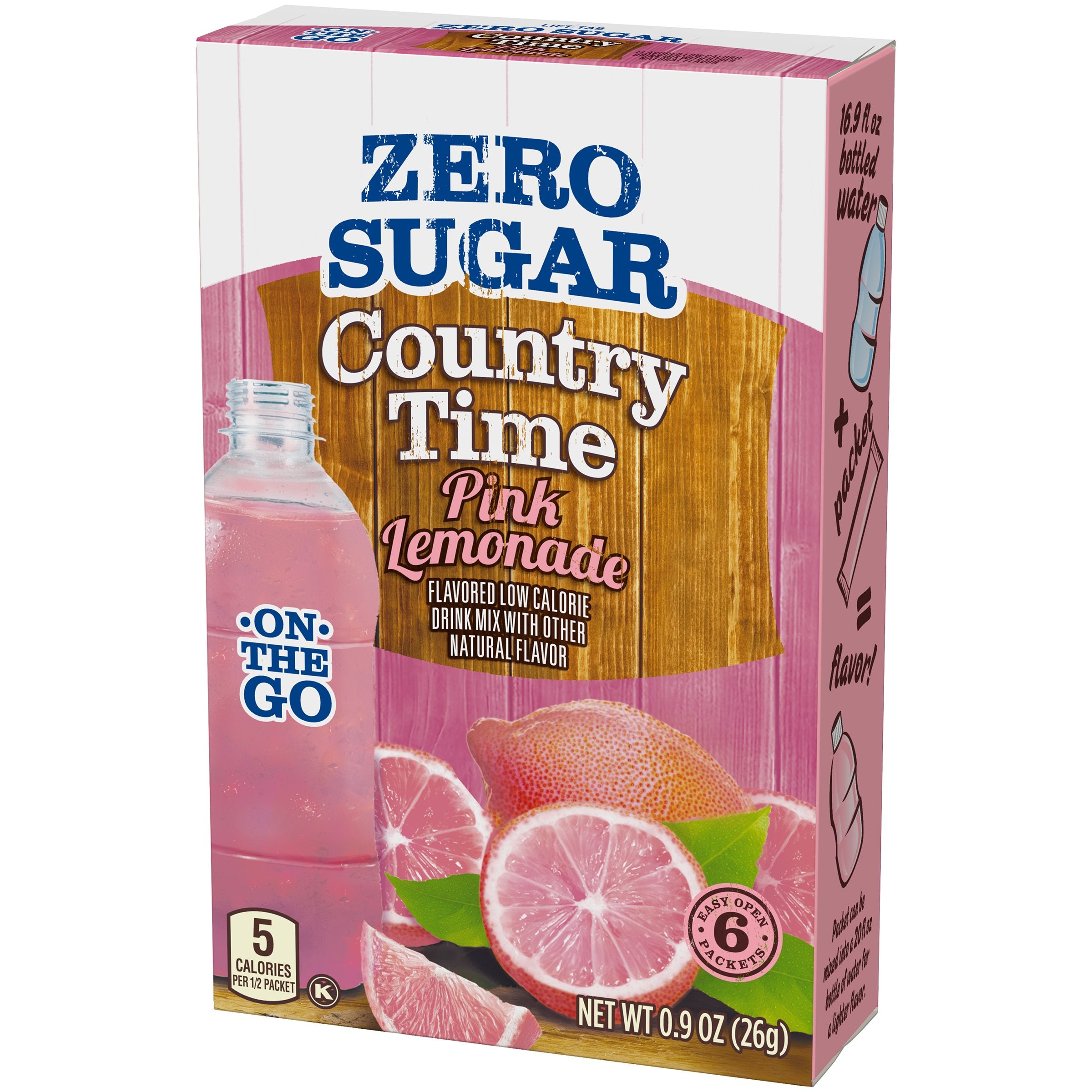 Country Time pink lemonade mixed in a clear bottle, portable hydration on-the-go