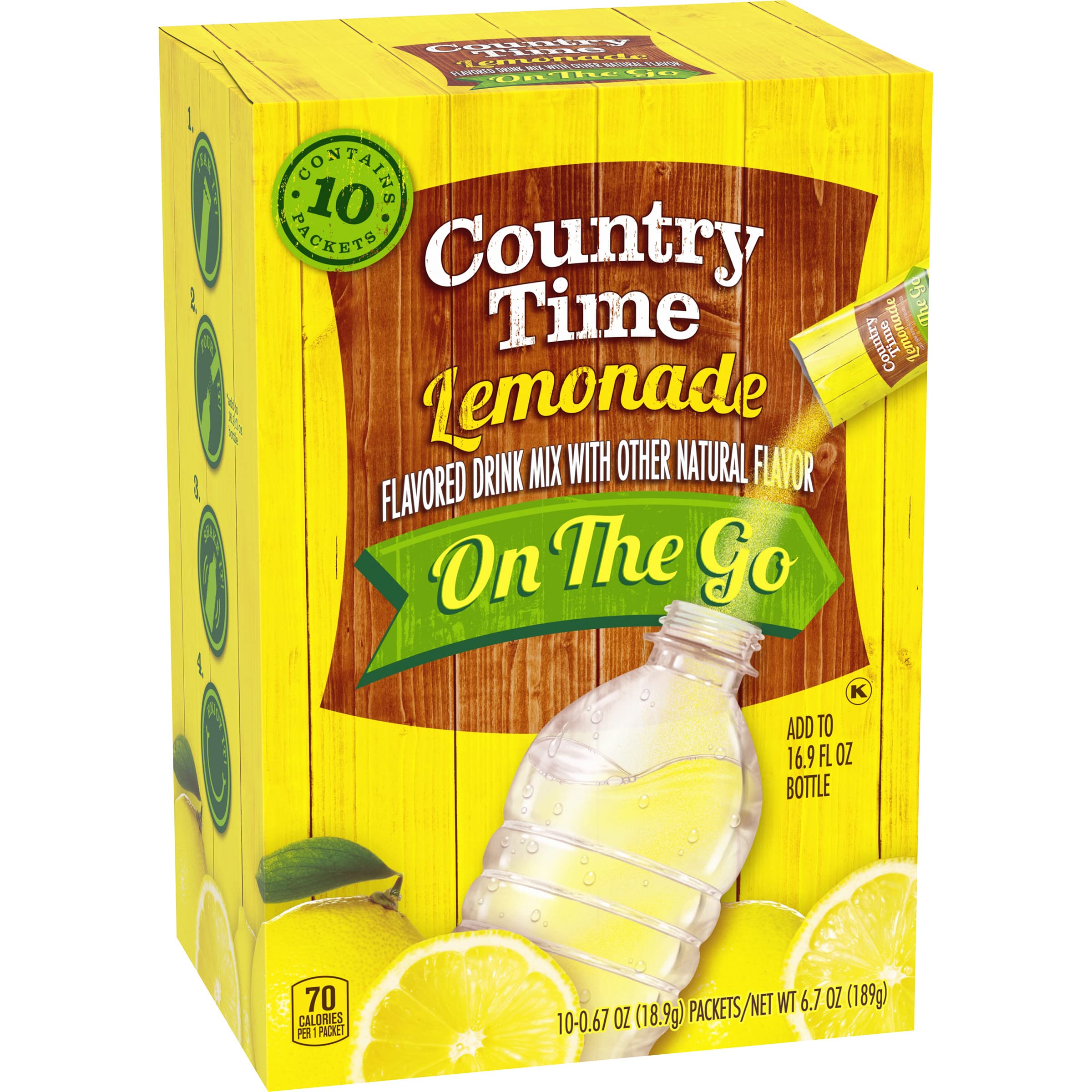 Prepared Country Time lemonade in a glass with ice showing refreshing crisp taste benefit